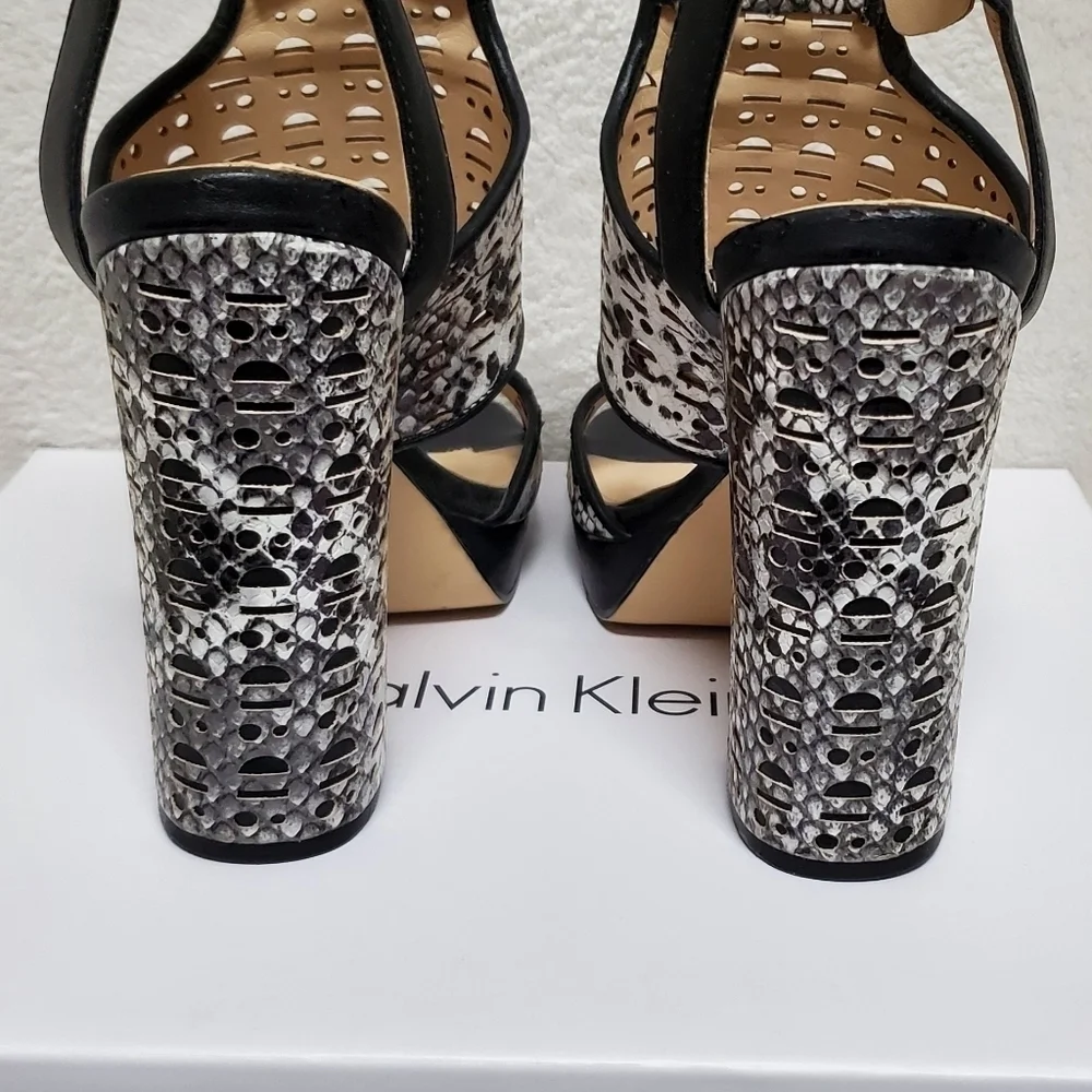 CALVIN Klein Vallin Black White Snakeskin Laser Strap Platform Block Heel Sandal
